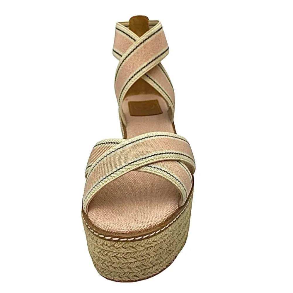 Tory Burch Frieda Espadrille Wedge Sandals Blush Stripe Tan Size 8M